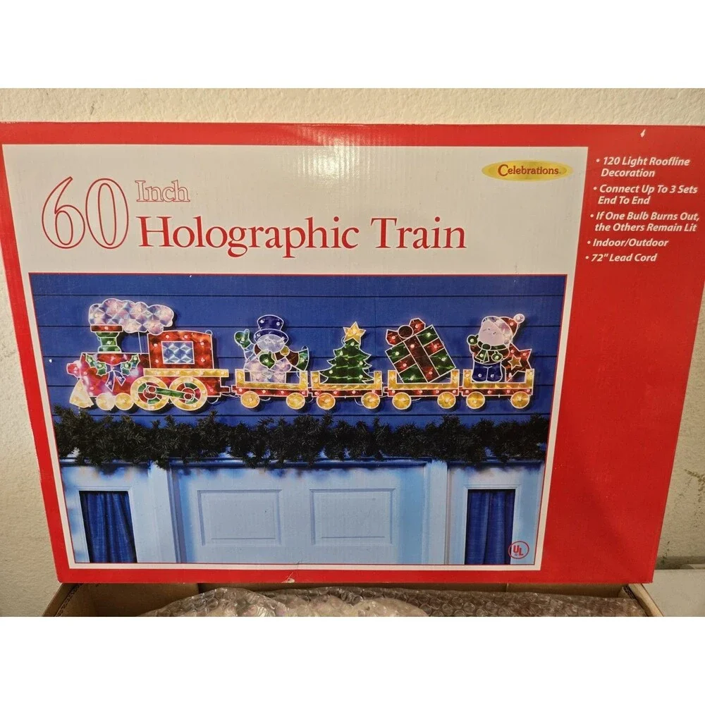 60 Inch Holographic Christmas Train 150 Light Roofline Holiday Rare. New Unused
